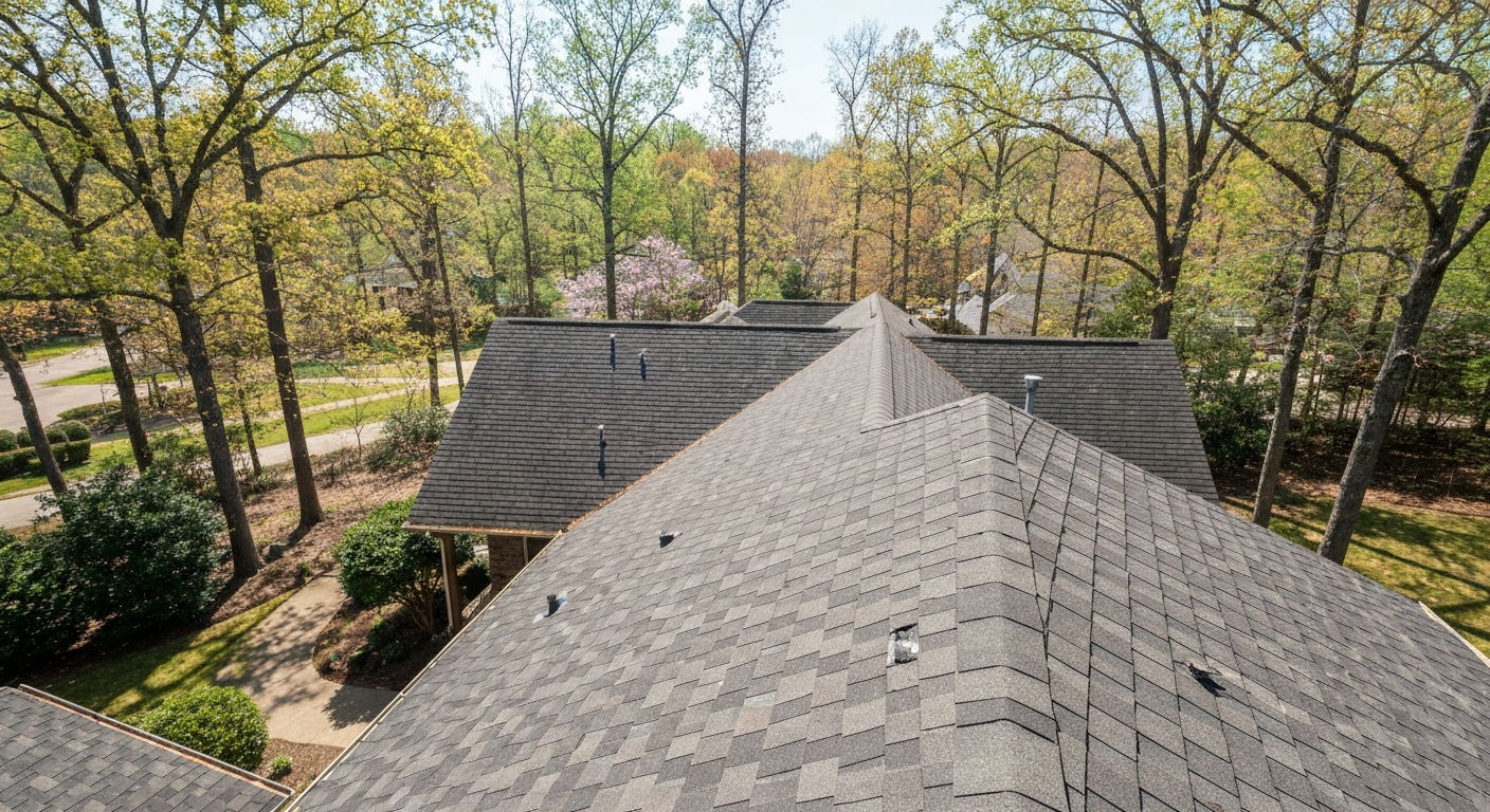 Roofing crew repairing storm damage on a residential home in a wooded neighborhood in Middle Tennessee