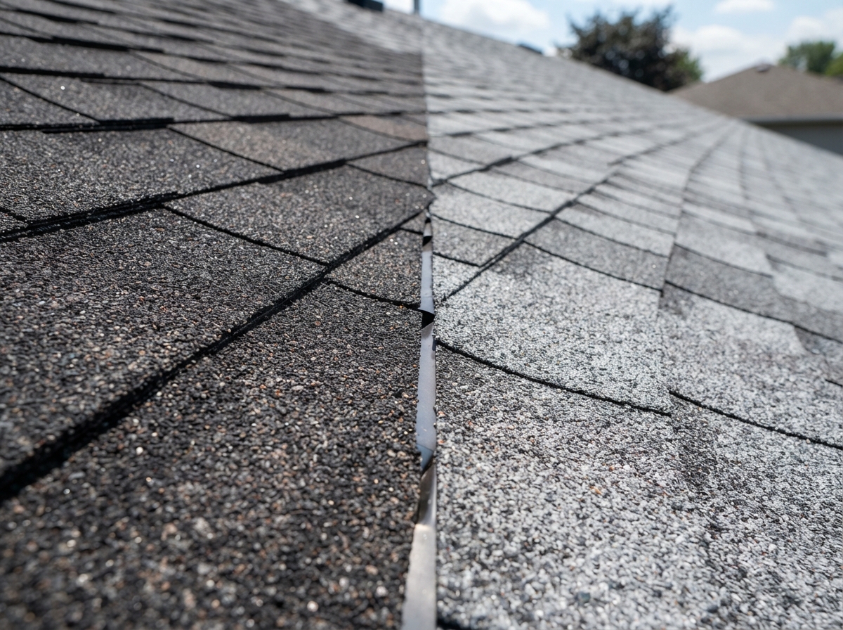 Close-up comparison of dark charcoal gray and light gray architectural asphalt roofing shingles showing texture in bright summer sunlight