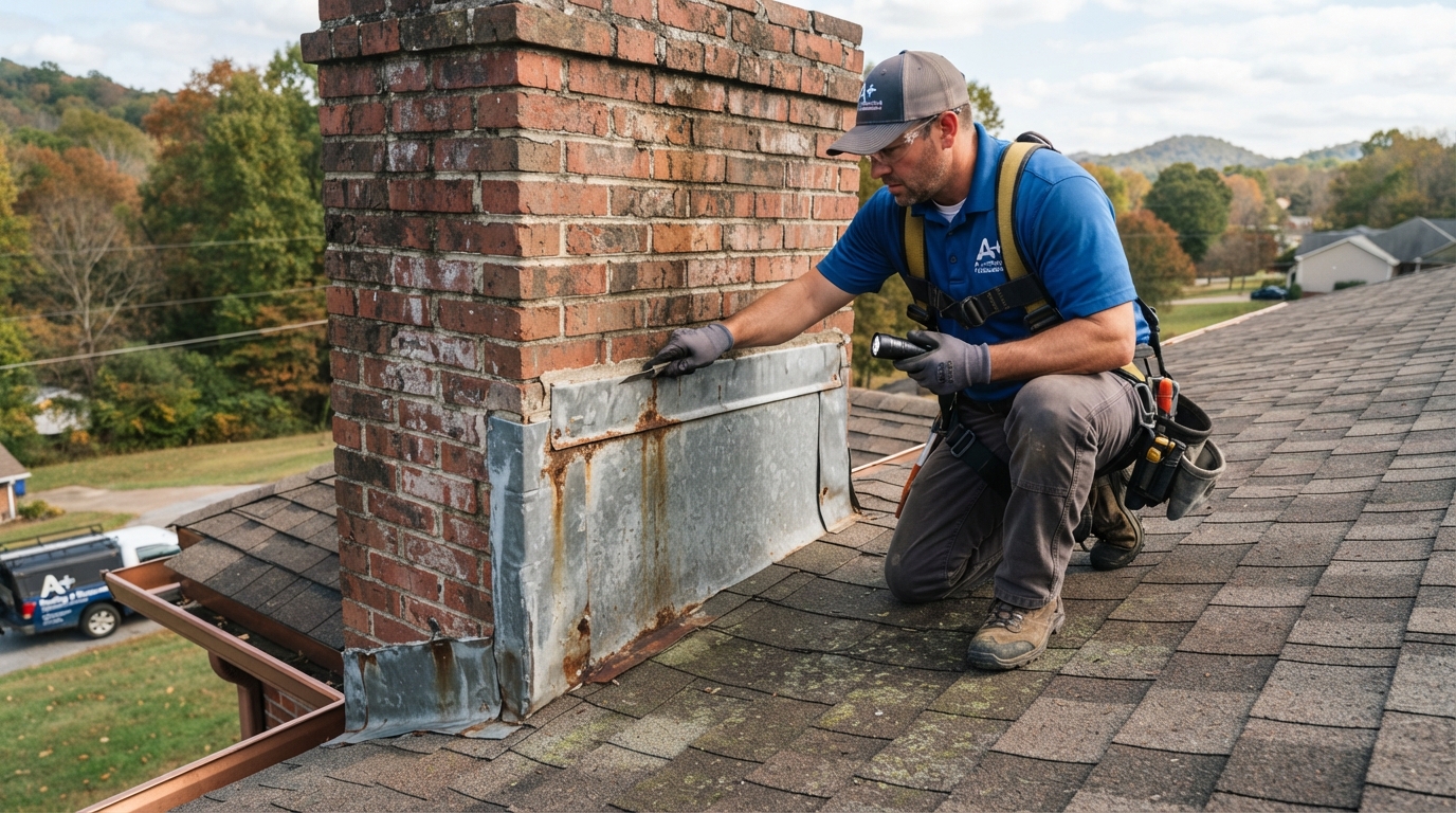 Professional roofer inspecting metal flashing around a brick chimney on a Tennessee home, checking for leaks and water damage
