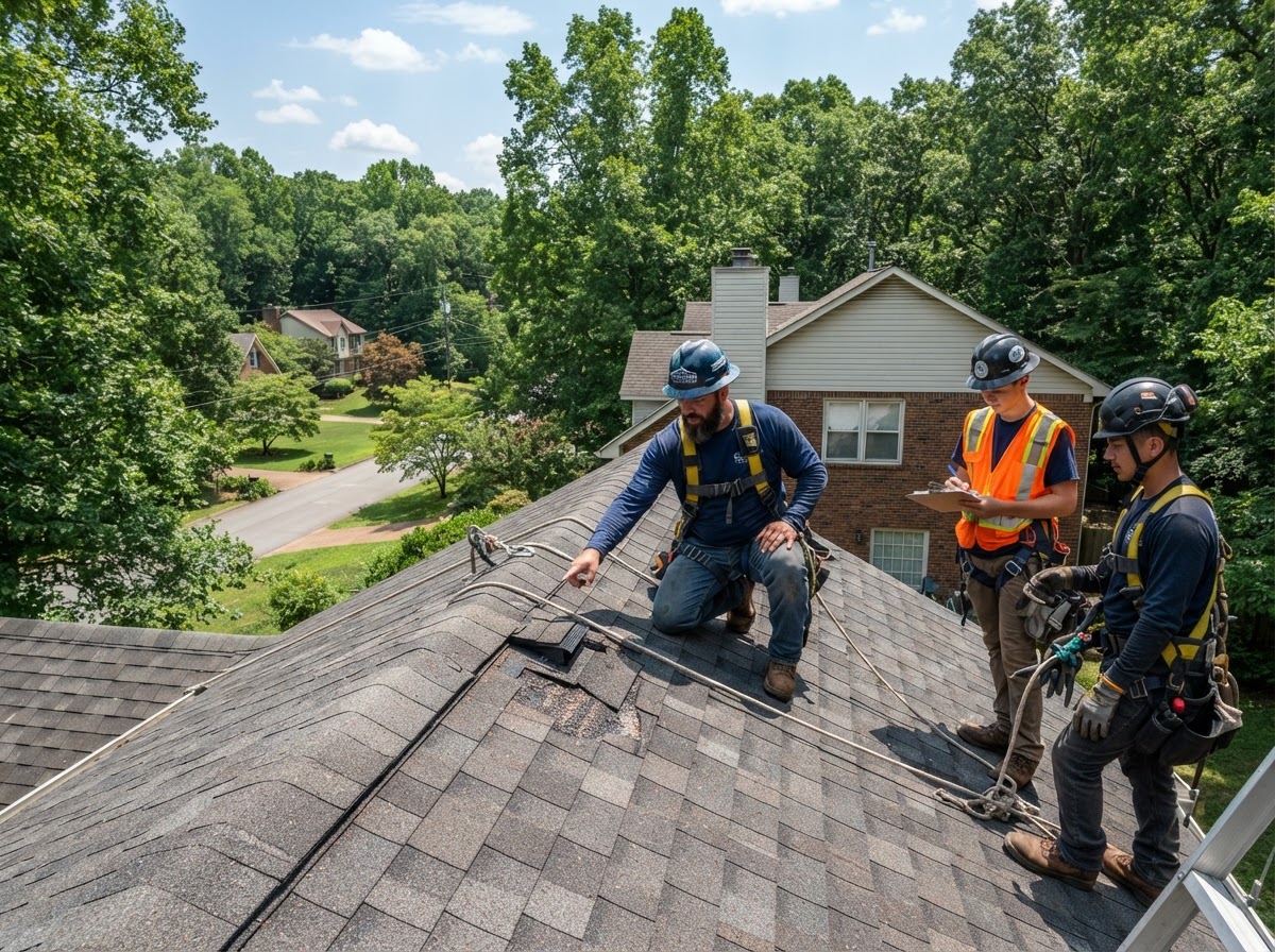 Professional roofing crew inspecting storm damage on a residential roof in a wooded Middle Tennessee neighborhood