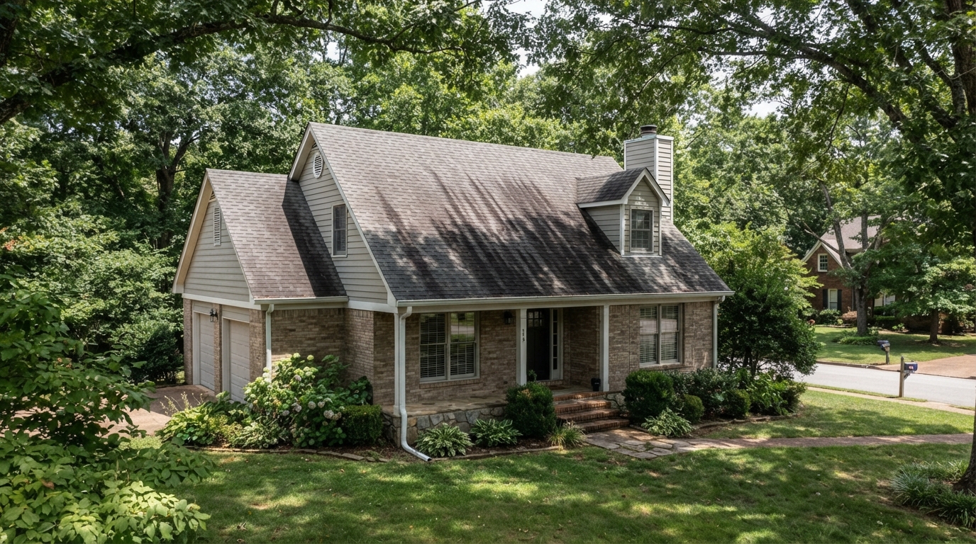 Middle Tennessee suburban home with dark black algae streaks on north-facing asphalt shingle roof surrounded by mature shade trees