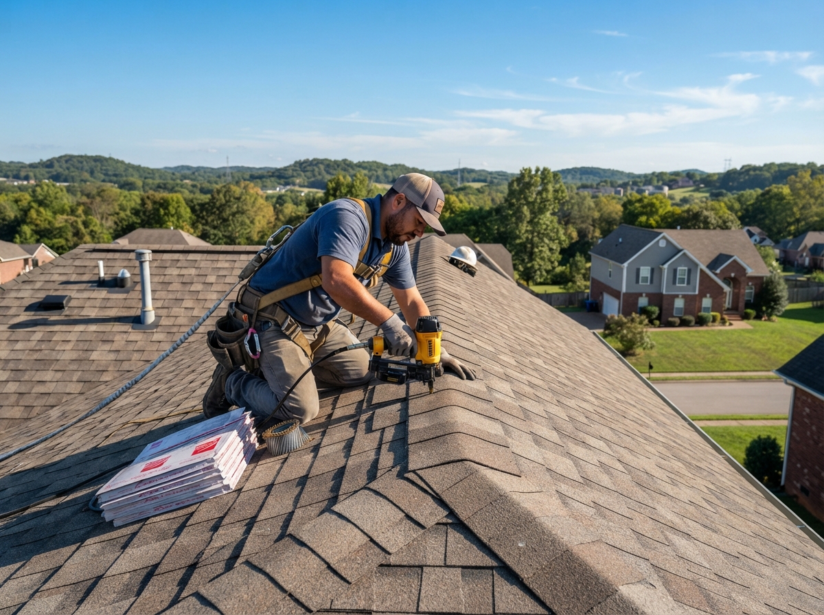 Professional roofer installing architectural asphalt shingles on a Middle Tennessee home showing hip and ridge installation area