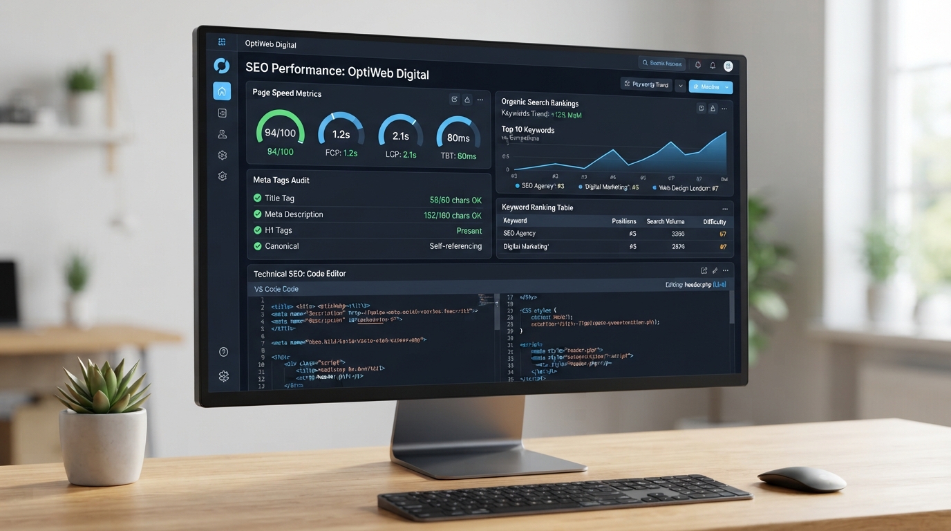 Website SEO optimization dashboard showing meta tags, page speed metrics, and search ranking improvements for Whittier CA