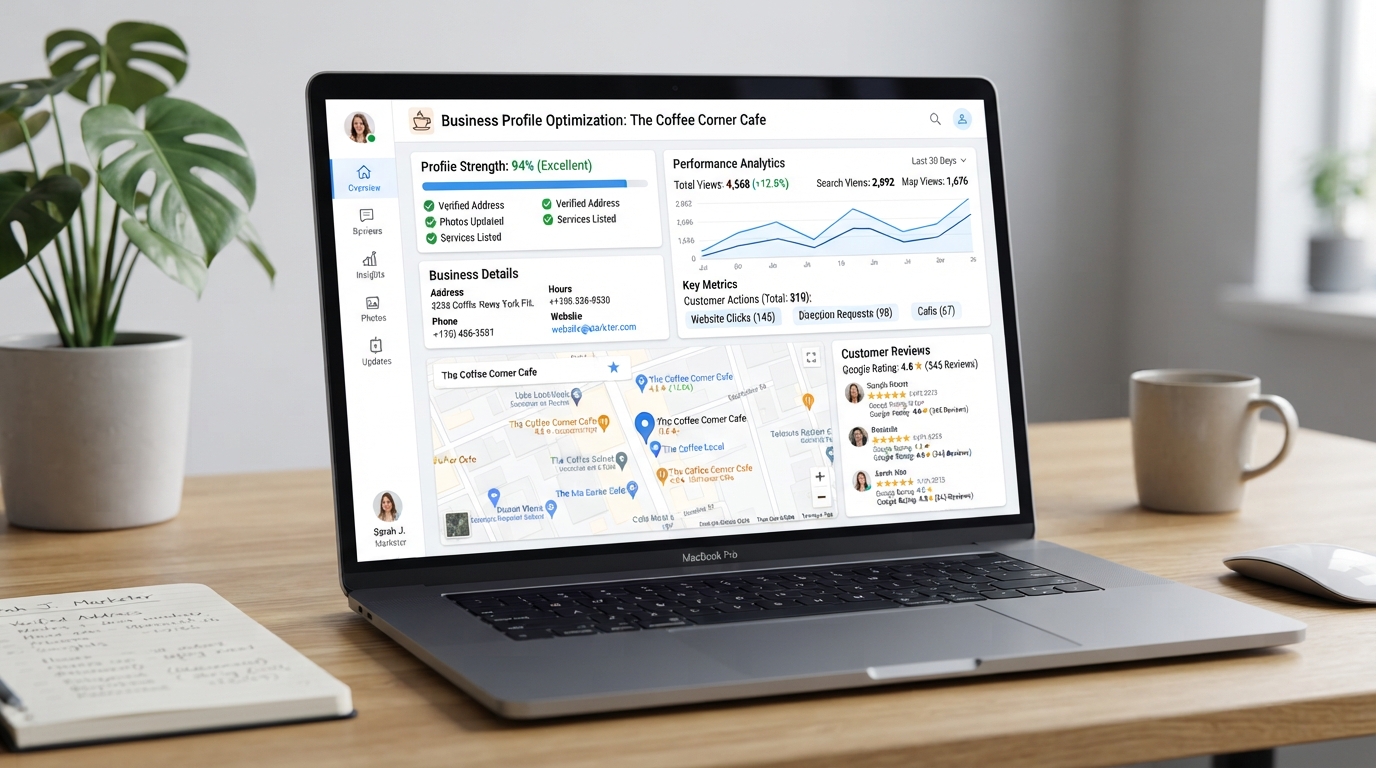 Google Business Profile optimization dashboard for Whittier CA local businesses showing map pins and star ratings