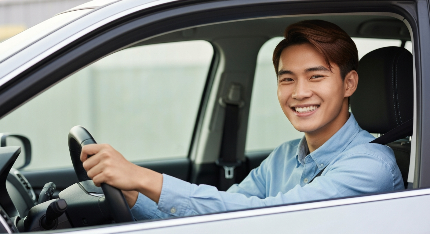 Confident student in a Golden Wheel Driving School car ready for NJ road test