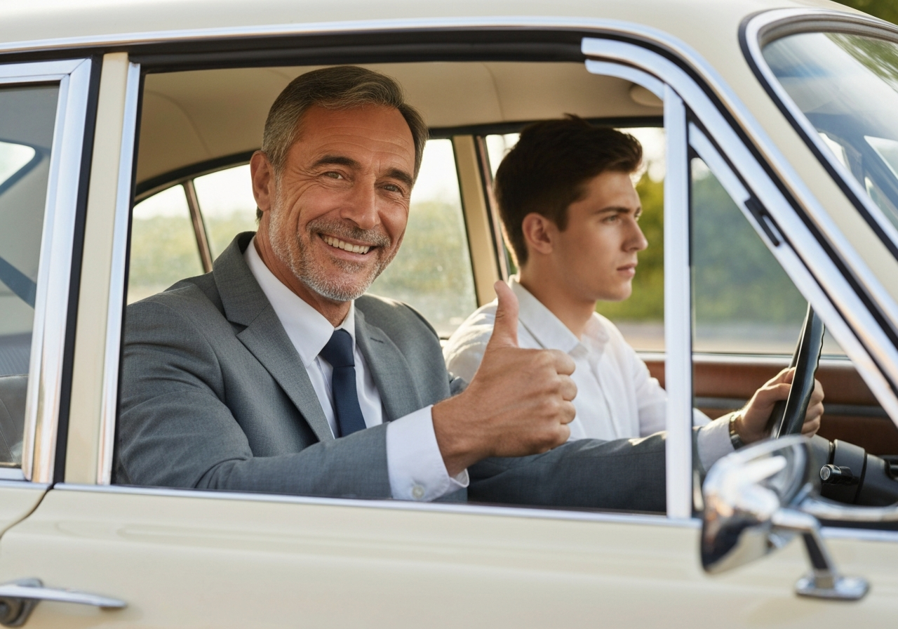 Patient driving instructor giving a thumbs up to a confident student