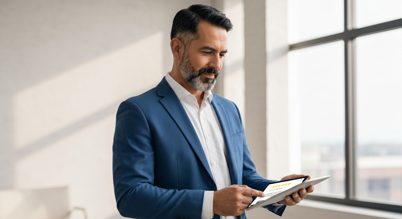 Service professional checking 5-star reviews on a tablet