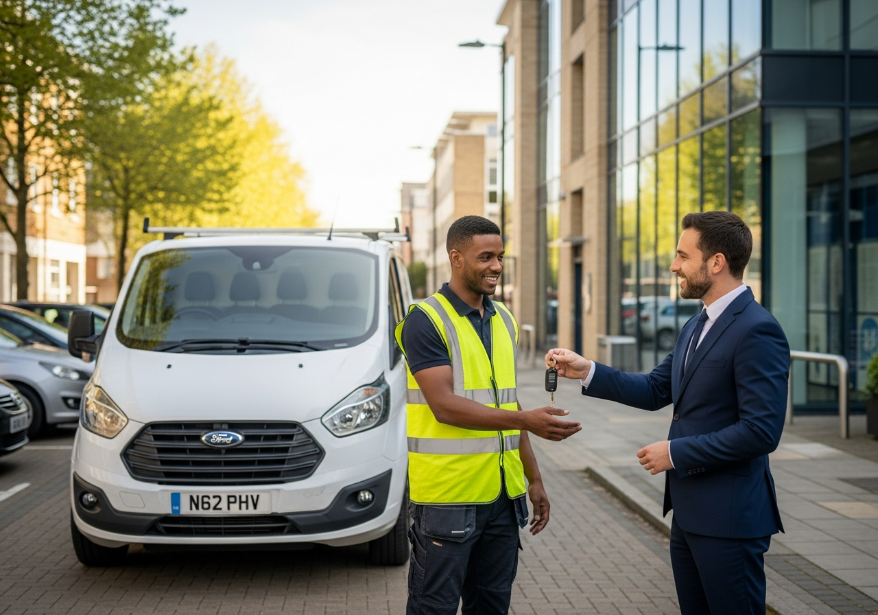 Man handing over van keys outside Southampton office - realistic British van sale