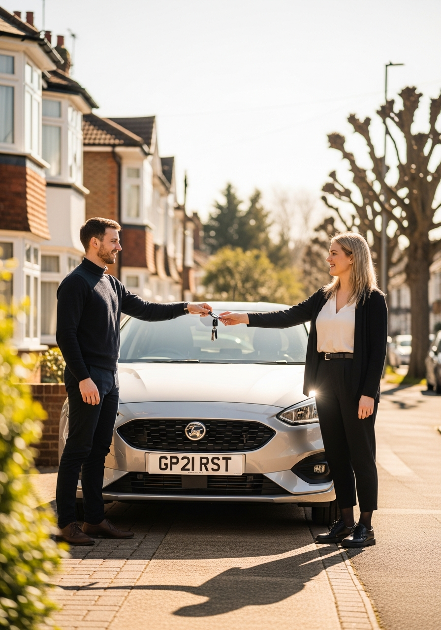 Selling a car in Southampton - friendly handover on a sunny driveway