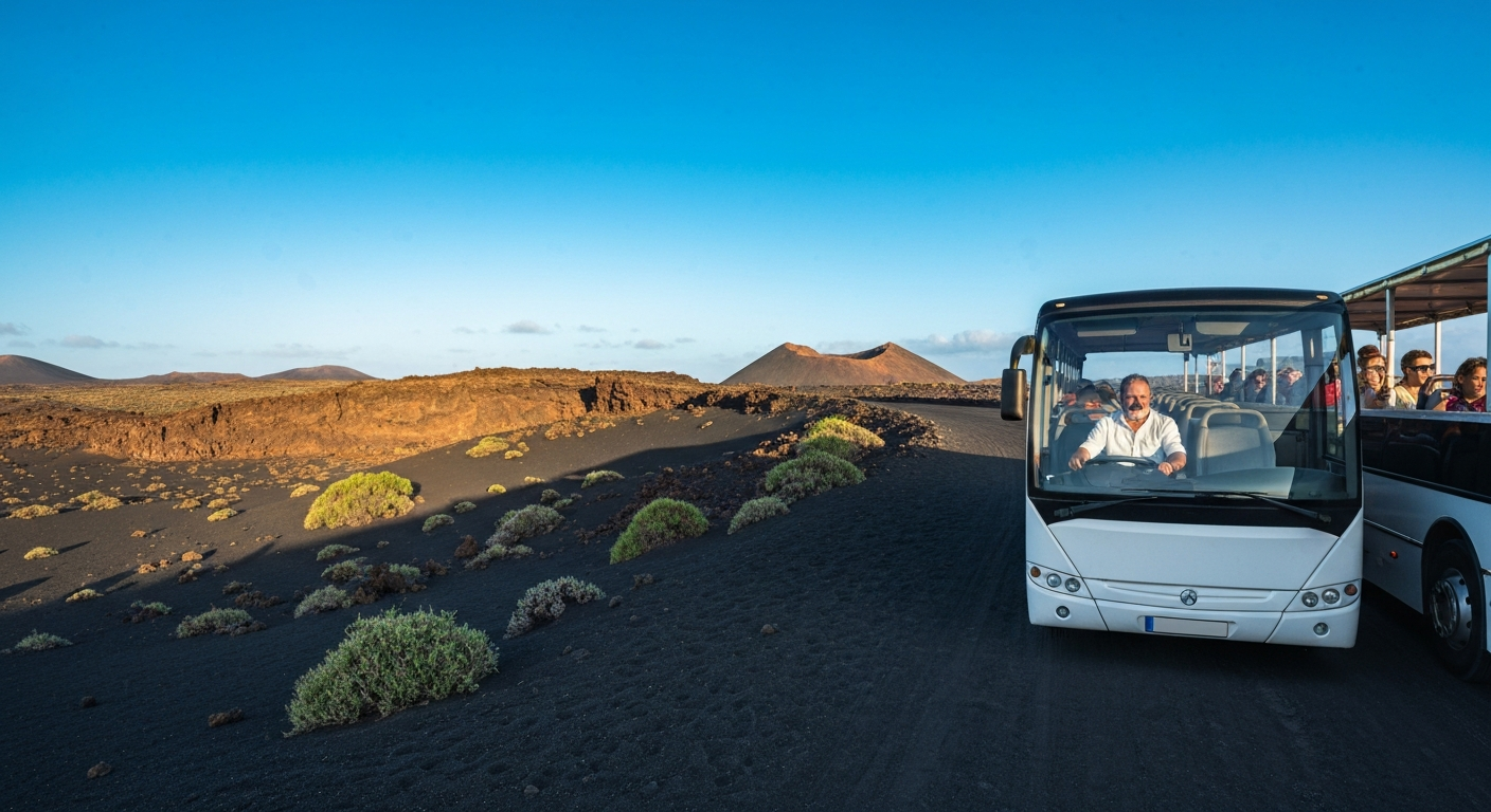 Autobús recorriendo la Ruta de los Volcanes en Timanfaya