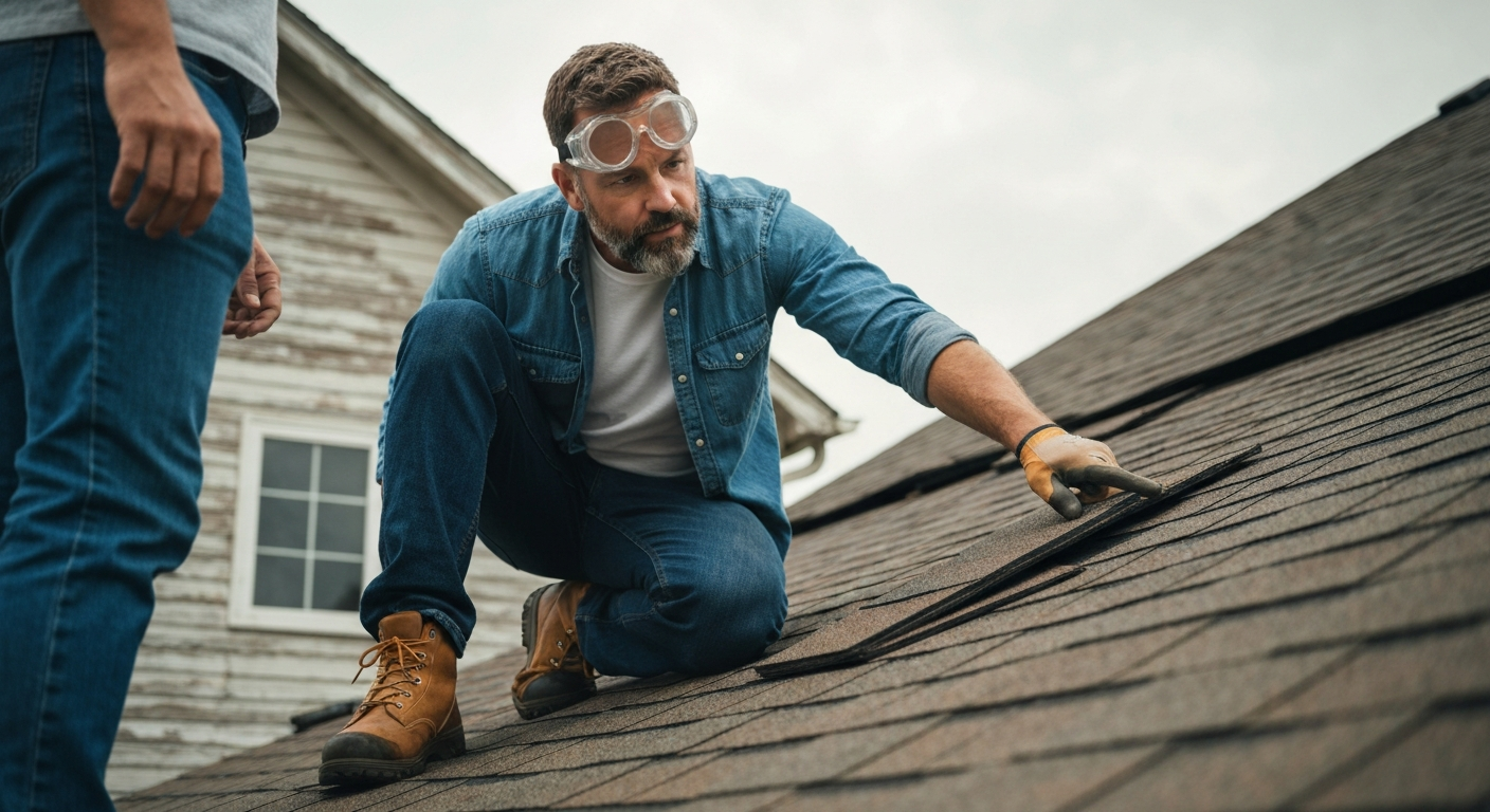 Roofing contractor inspecting storm damage