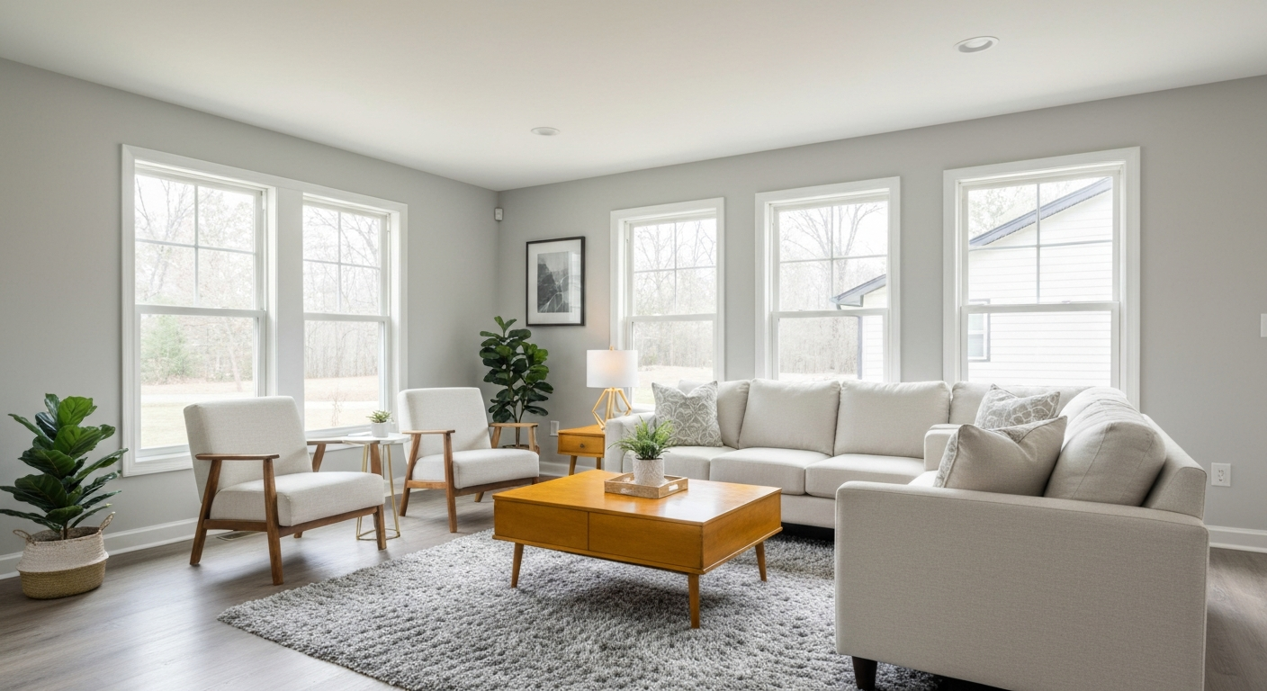 Bright, clean, beautifully refreshed suburban living room showing practical cosmetic updates