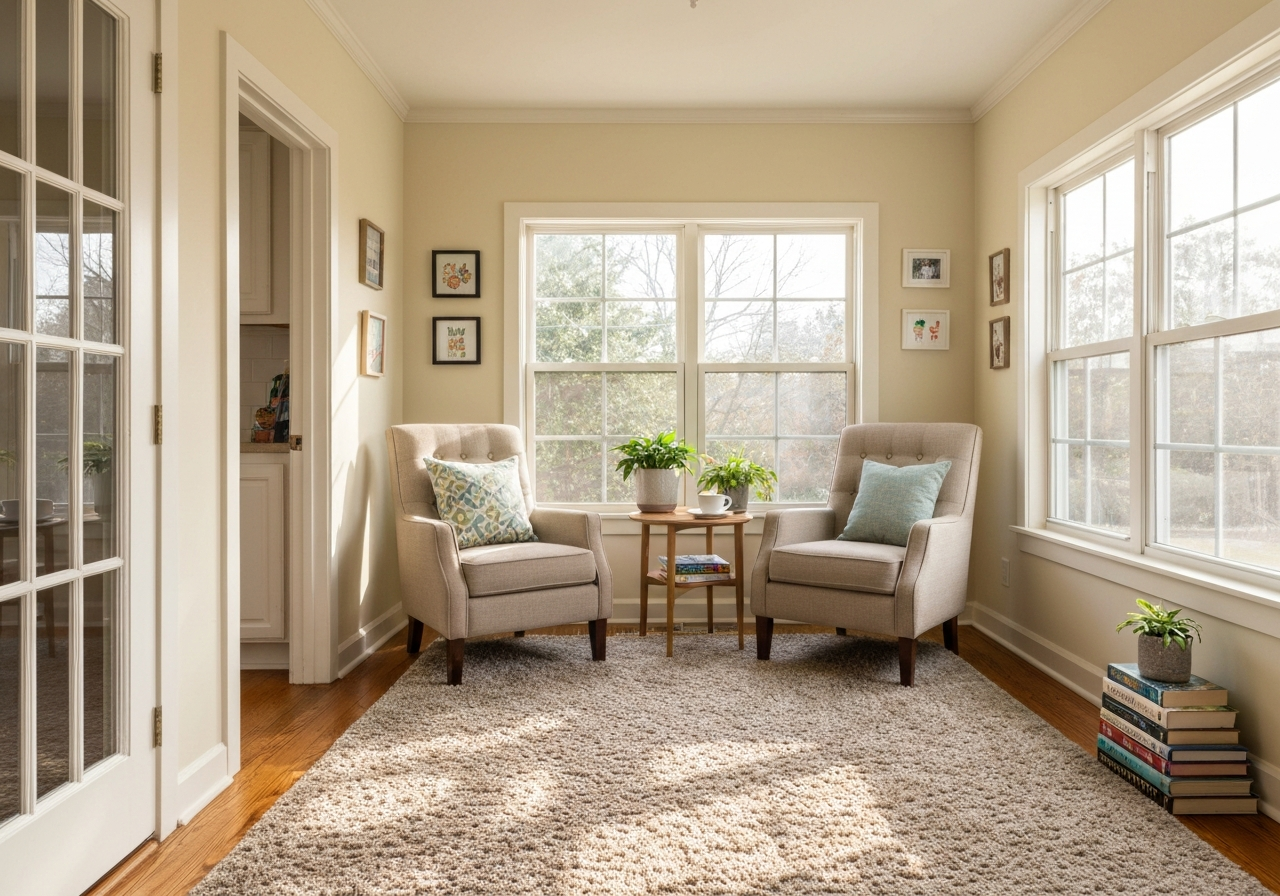 A peaceful, well-lit living space representing a calm transition