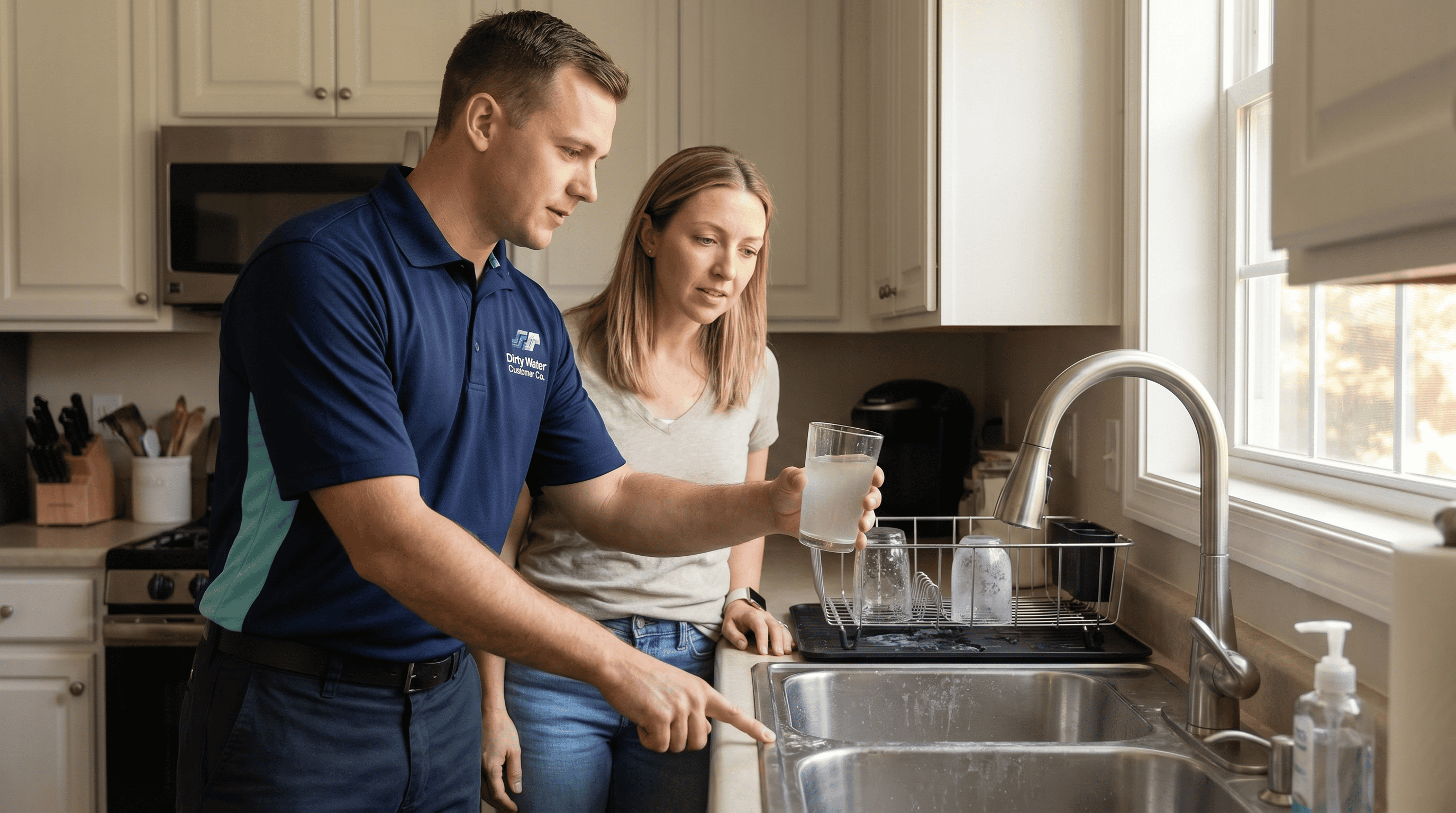 Plumber explaining water filtration to a homeowner