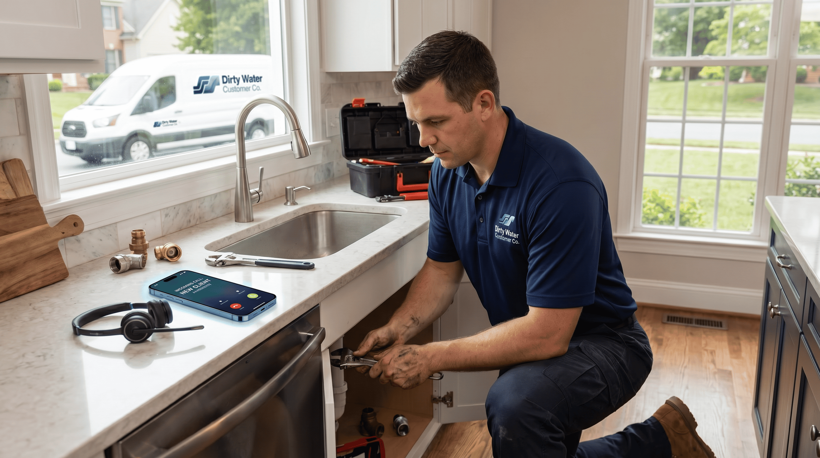 Plumber working under a sink while AI handles a ringing phone