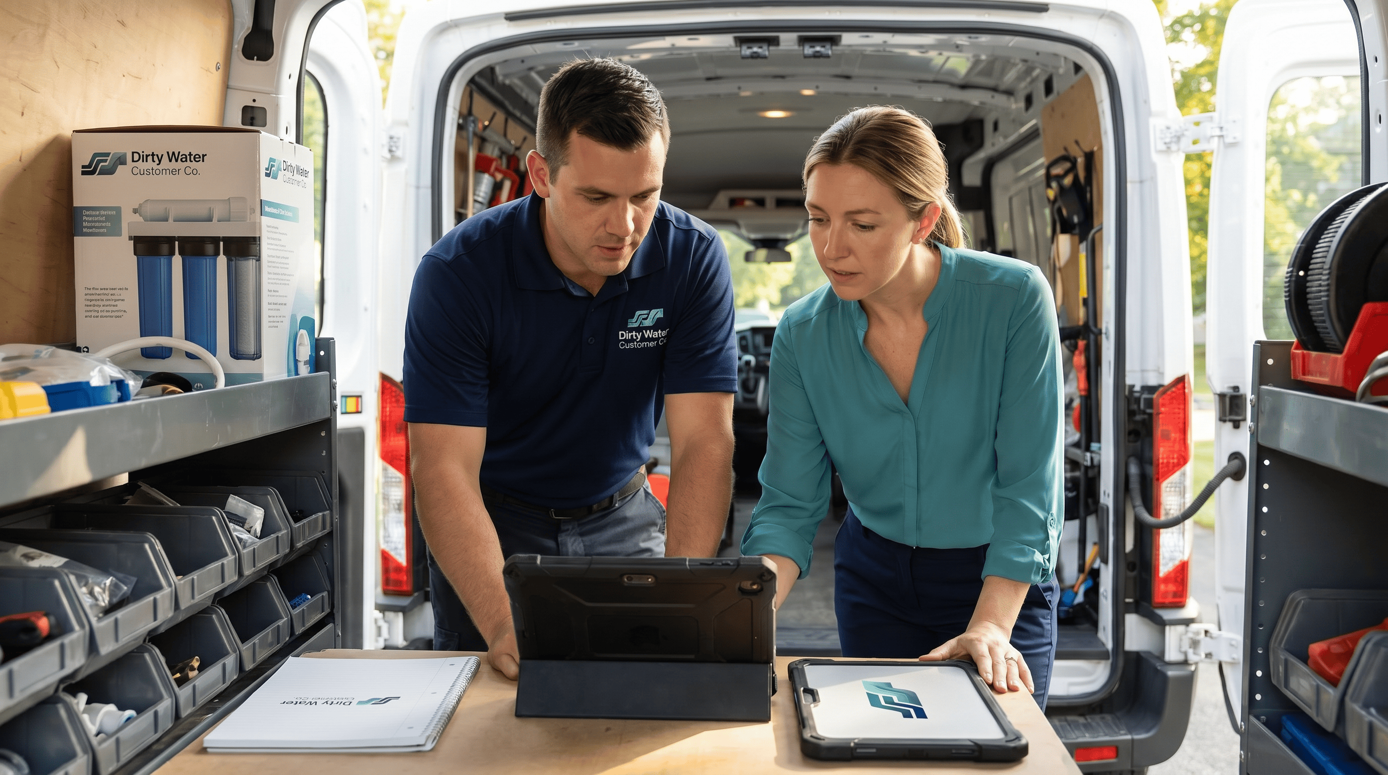 Plumbers reviewing website designs on a tablet