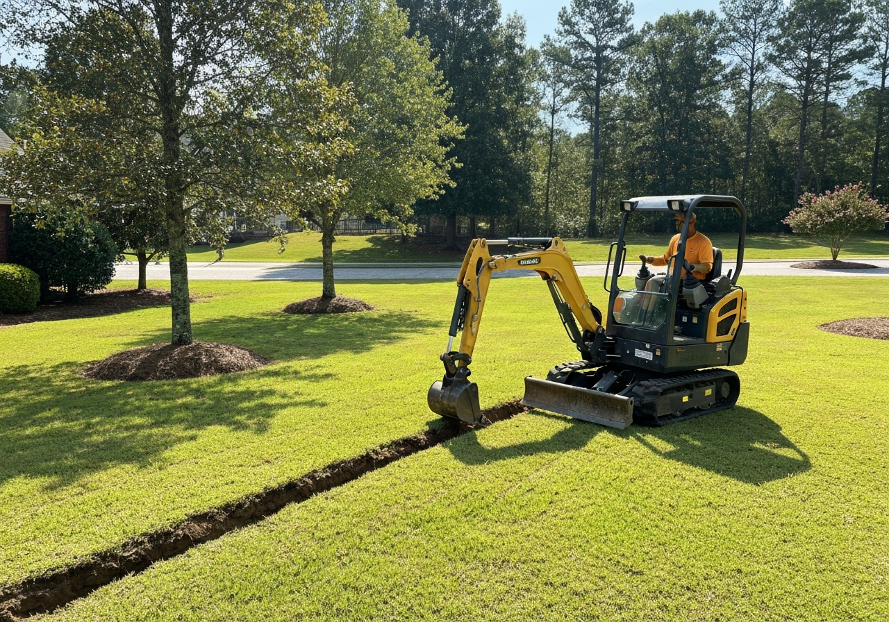 Compact excavator moving dirt
