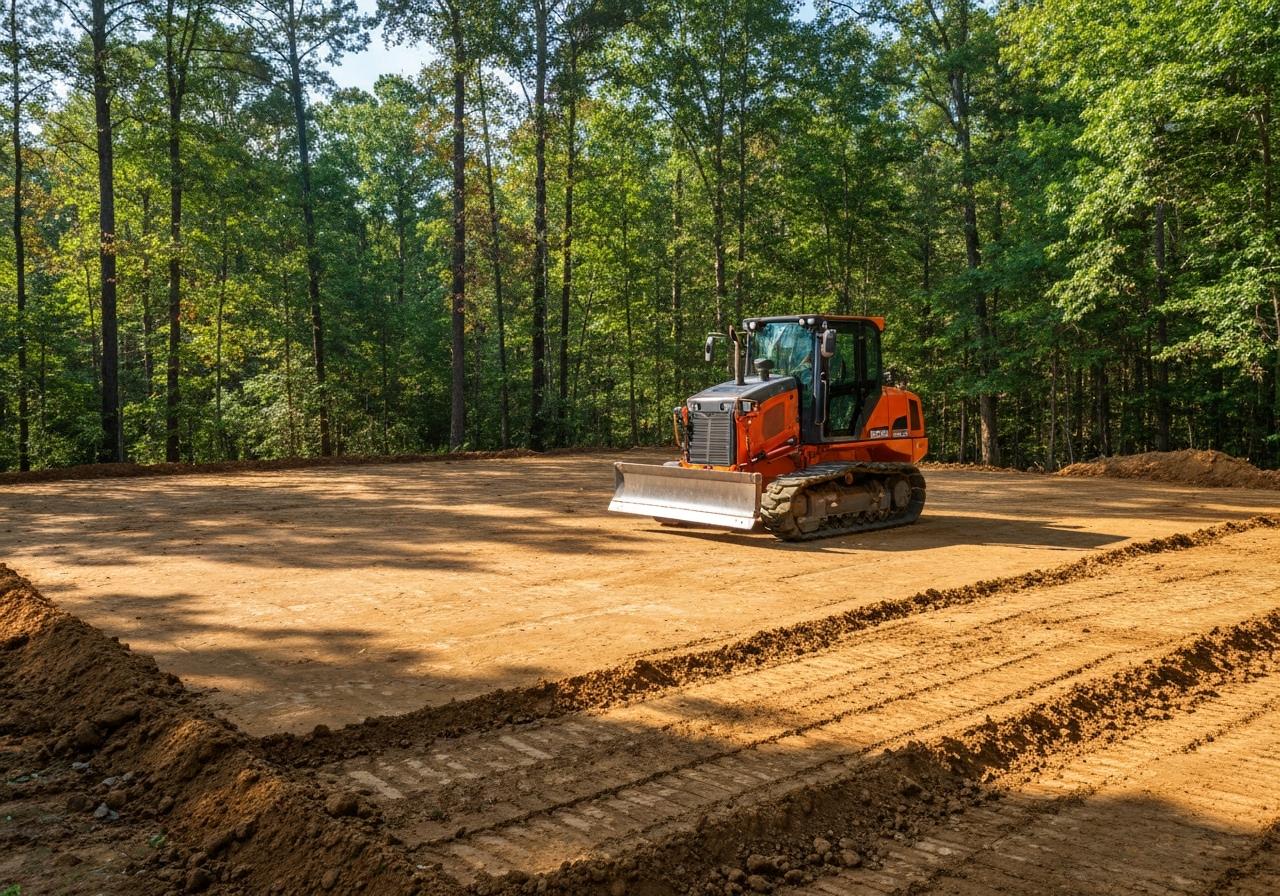 Modern small grading tractor working on a large building pad in a South Carolina wooded area