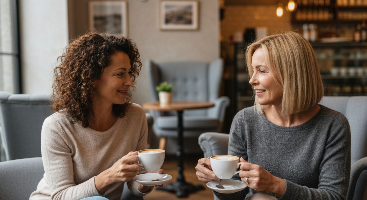Two midlife women connecting authentically, navigating relationship shifts during menopause