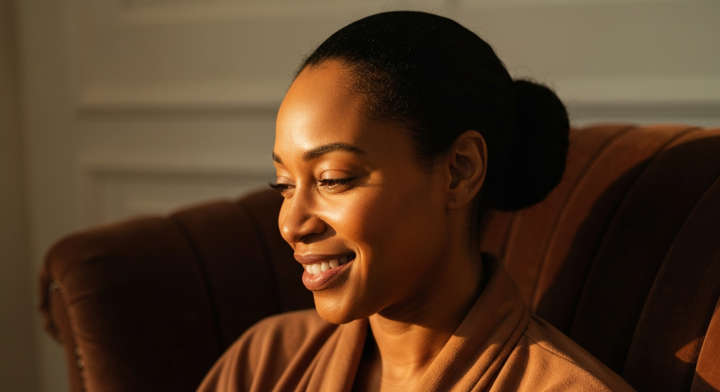 A 45-year-old African American woman enjoying a peaceful moment of self-care during golden hour