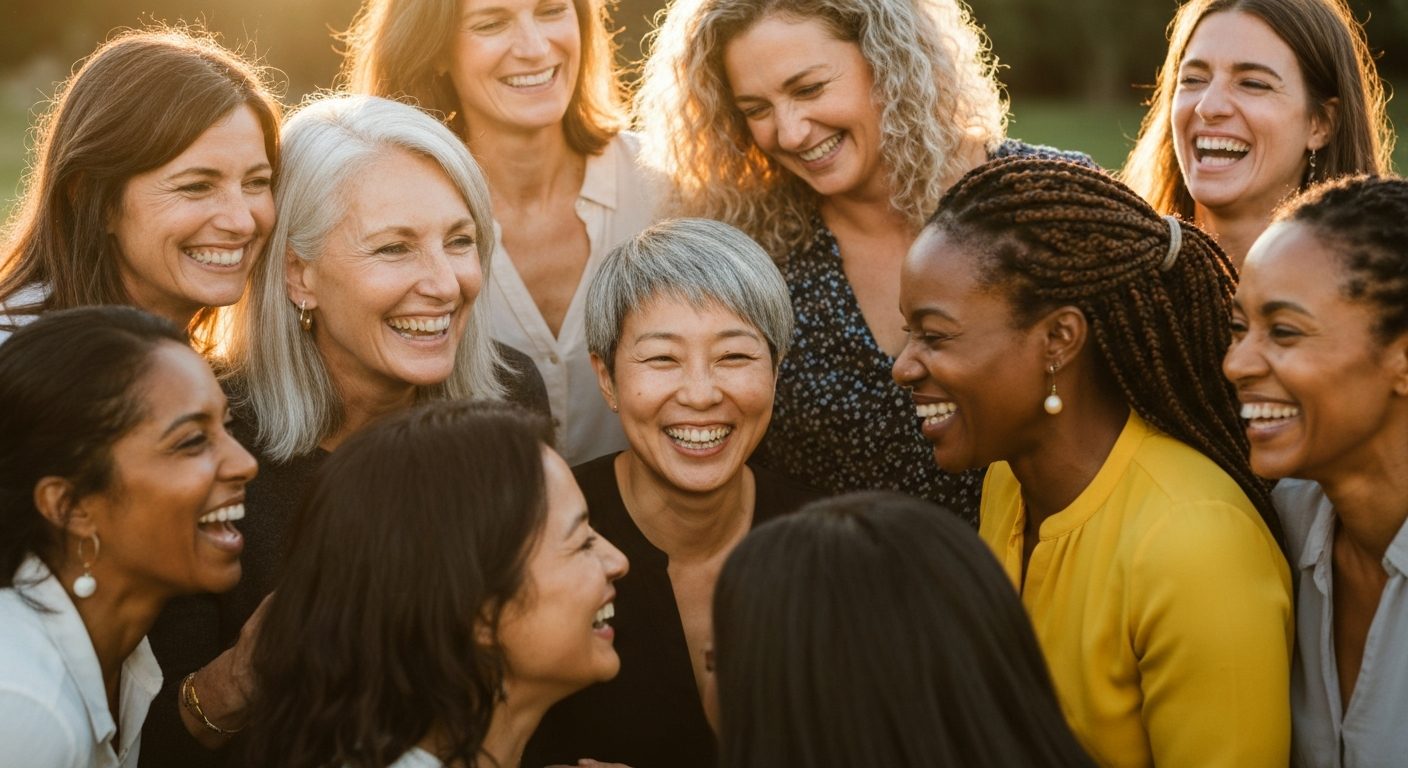 A highly realistic, candid photograph of a diverse group of ten happy midlife women, including an African American woman, laughing and huddled together during golden hour