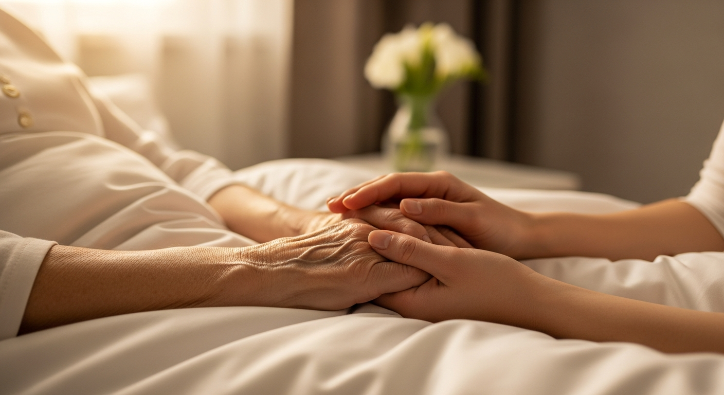 Daughter holding elderly parent's hand in comfort