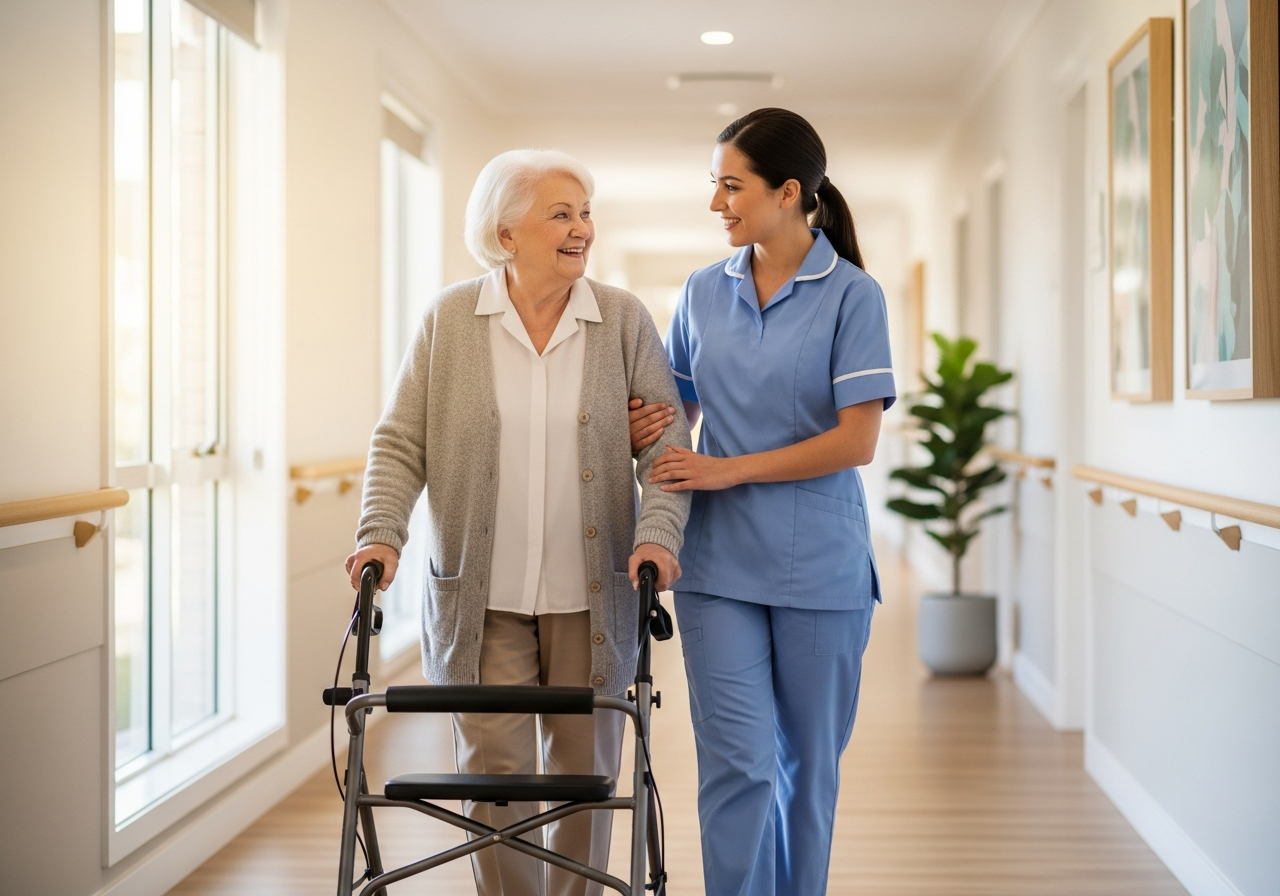 Elderly woman with walking frame and caring nurse in aged care facility corridor