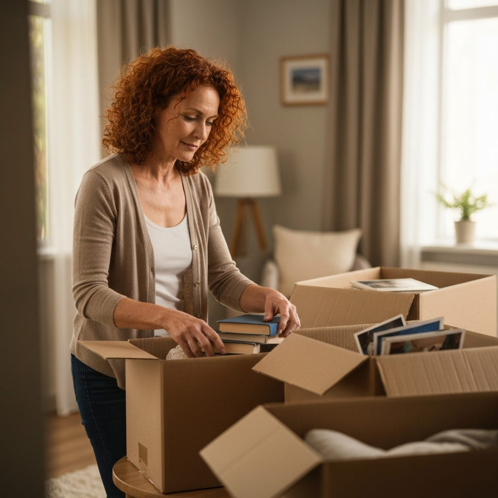 45 year old woman packing cardboard boxes in family home