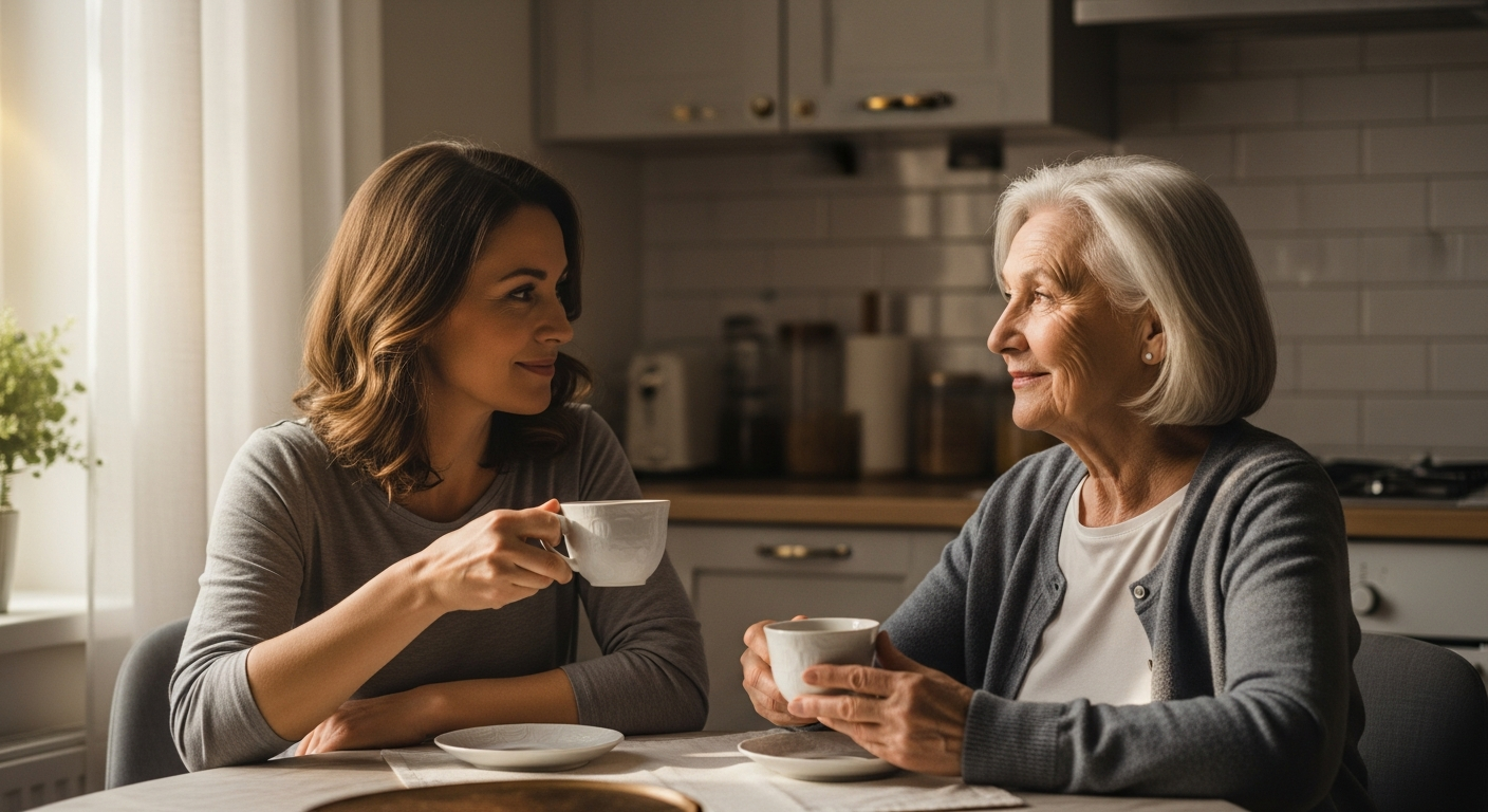 Daughter and her elderly mother sharing tea at the kitchen table with soft window light