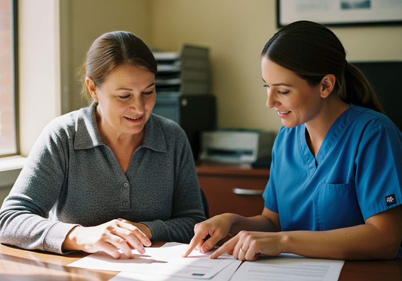 Australian daughter sitting with a female nurse at a desk reviewing medical documents in soft window light