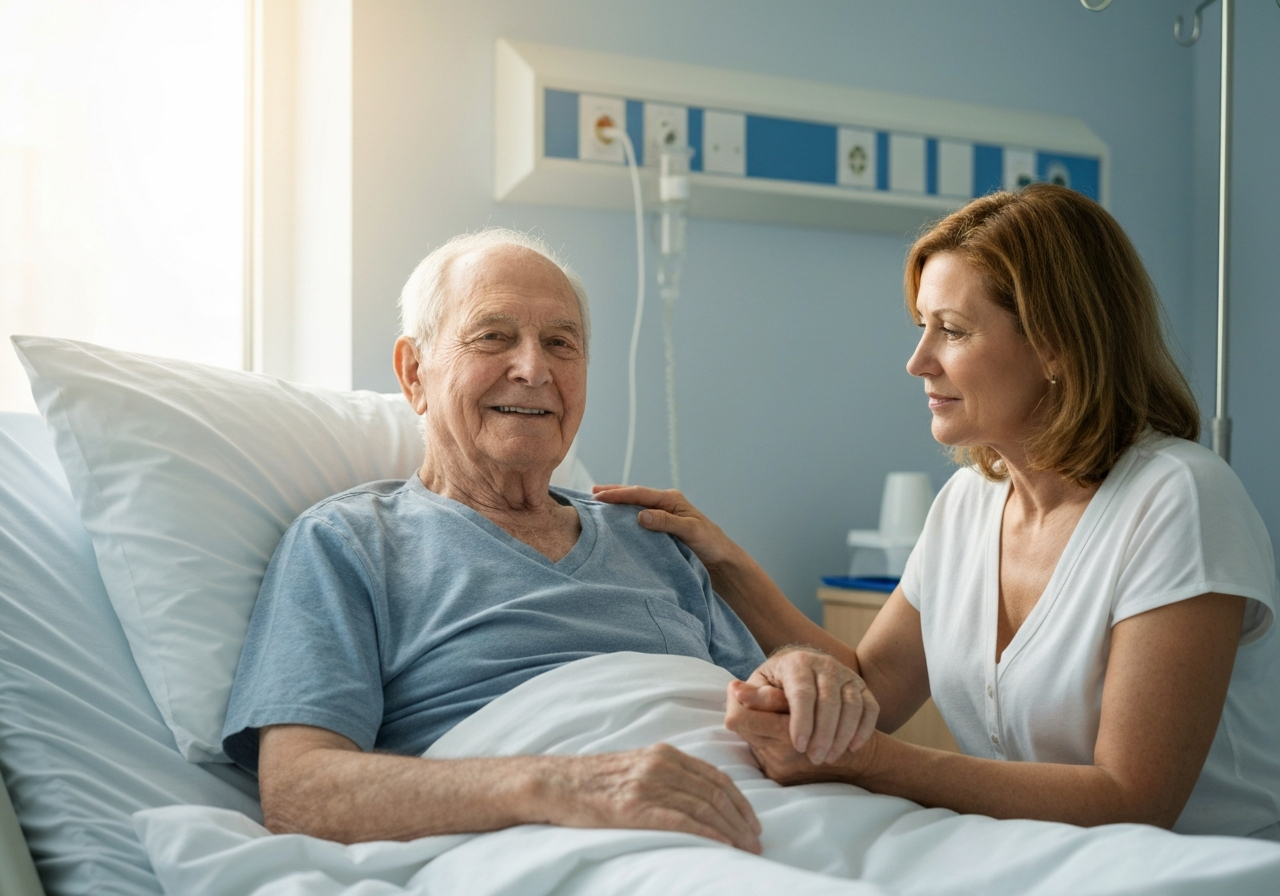 Daughter holding elderly father's hand in hospital