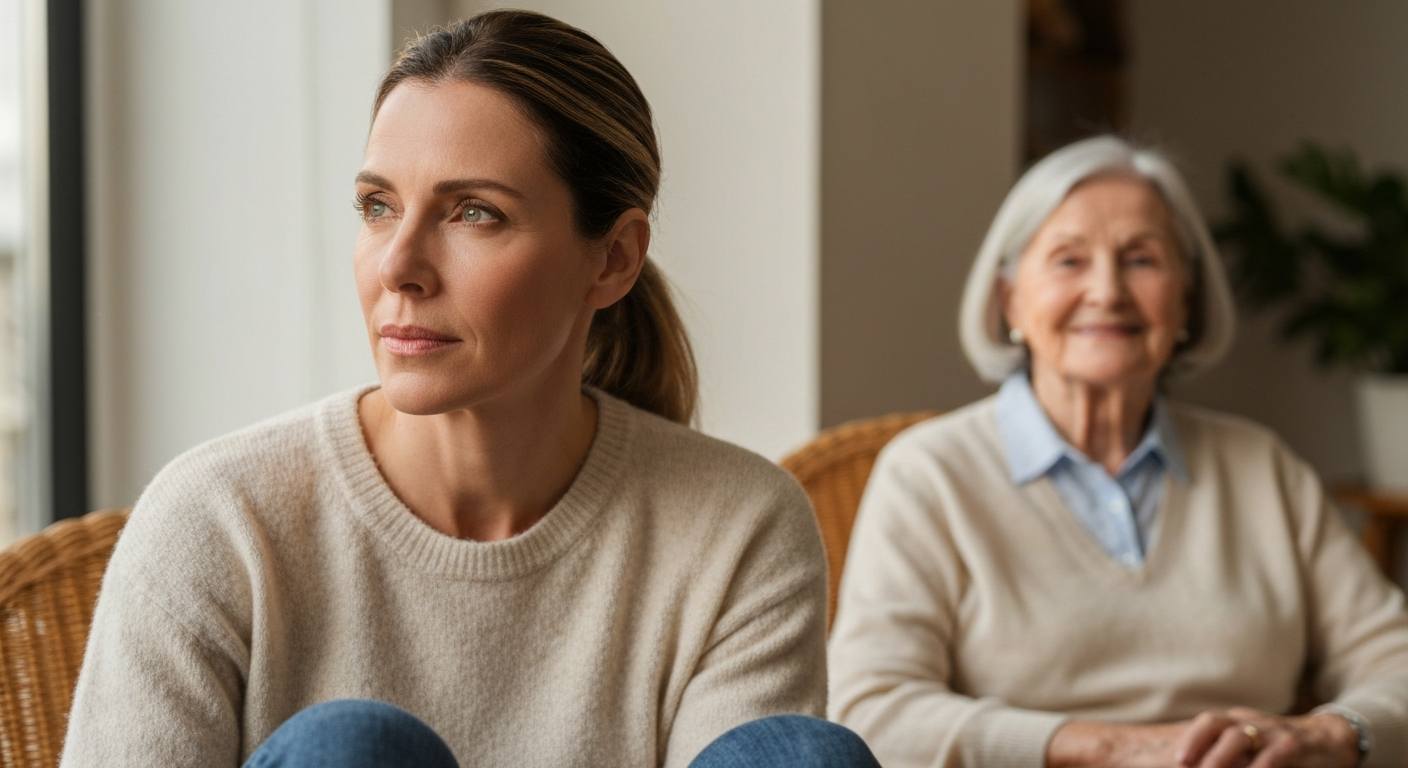 Thoughtful woman planning aged care with elderly mother in background