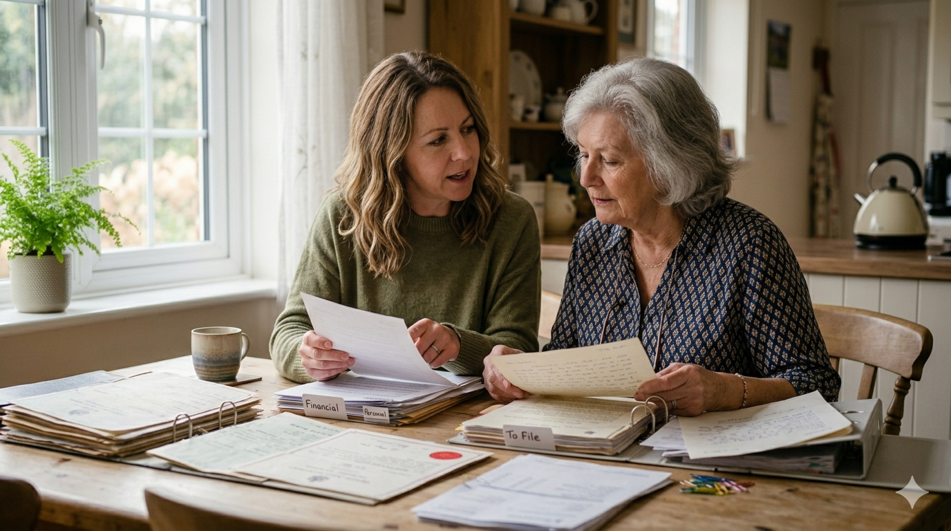 Daughter and mother sitting together reviewing aged care documents