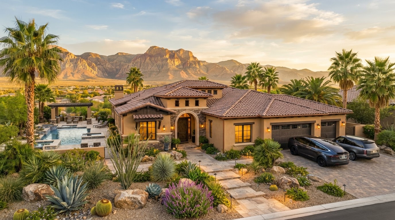 Luxury Las Vegas home with desert landscaping in warm autumn light
