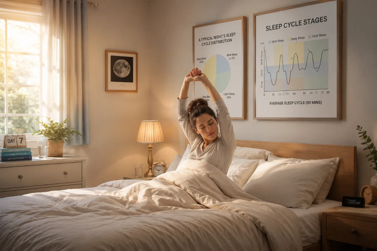 Woman waking up refreshed in a sunny bedroom with sleep cycle charts on the wall