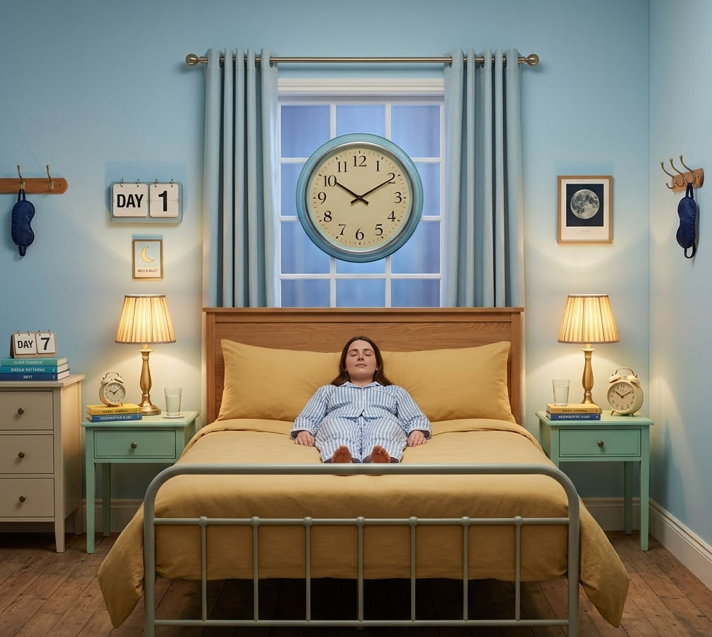 Person sleeping peacefully in a well-lit room with clocks showing Day 1 and Day 7