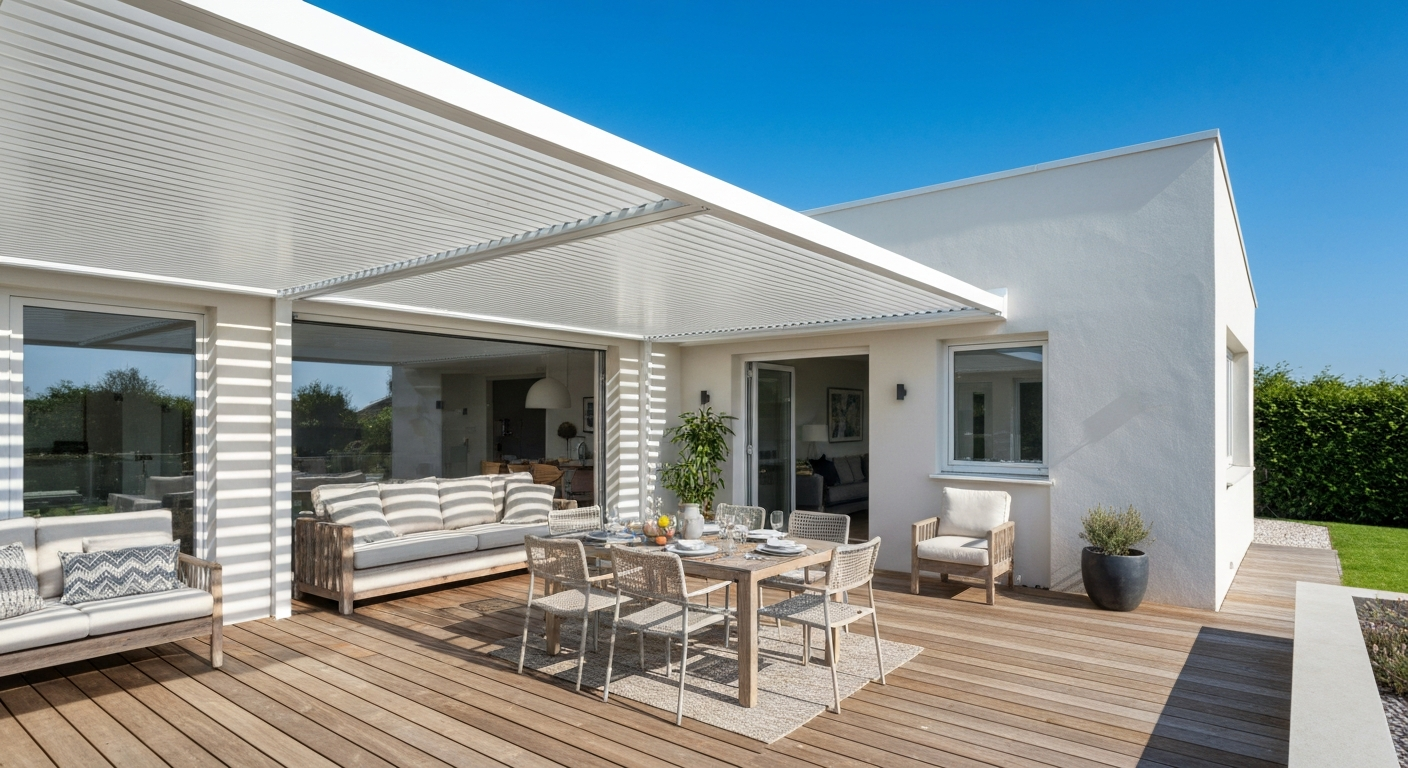 Falhoz rögzített, letisztult fehér pergola terasz fölé