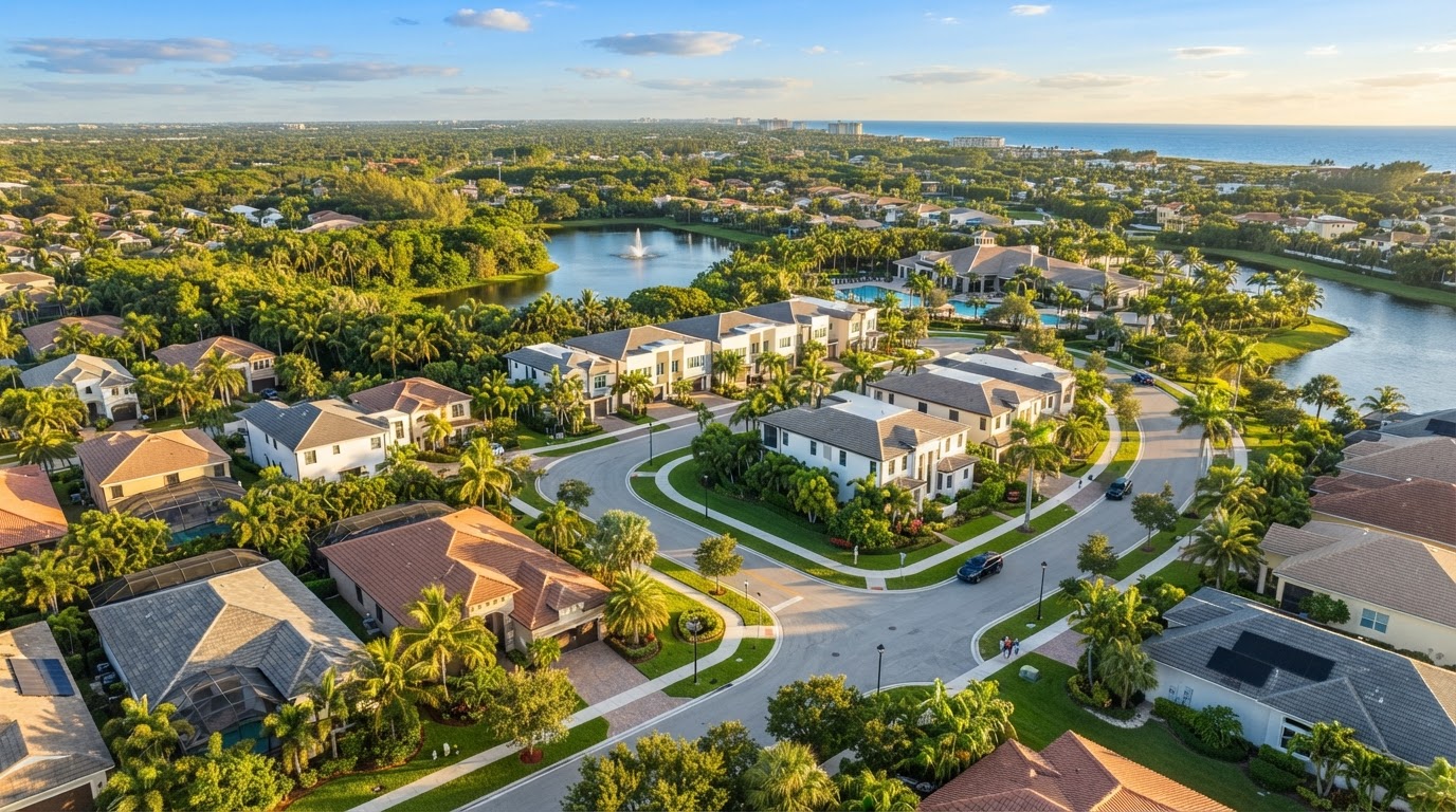 Aerial drone view of a South Florida residential neighborhood