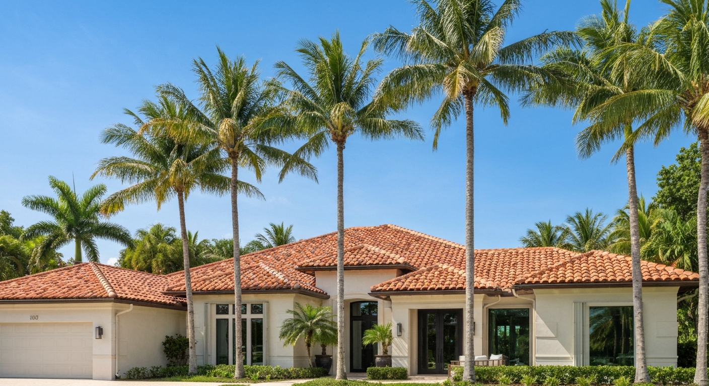 Miami style home with terracotta tile roof