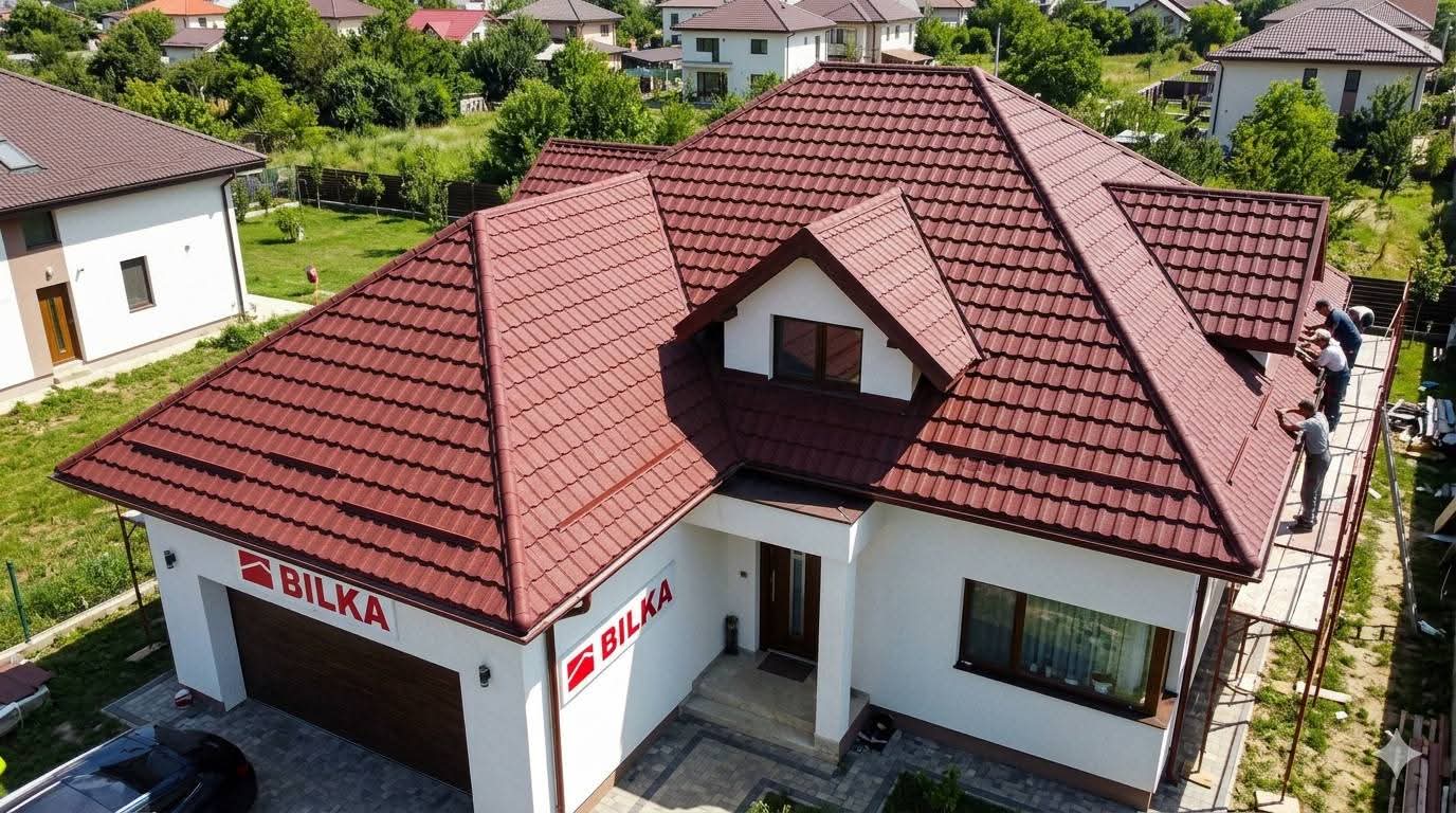 Acoperiș metalic maro - vedere aeriană lucrare finalizată