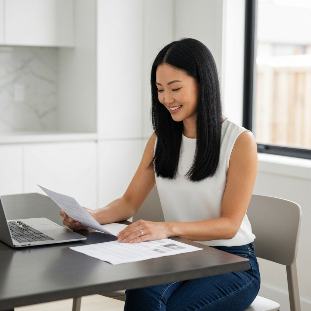 Homeowner reviewing selling information at a kitchen table with a laptop and paperwork