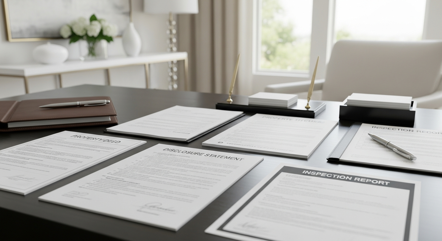 Homeowner reviewing property records, repair receipts, and disclosure forms at a clean modern workspace