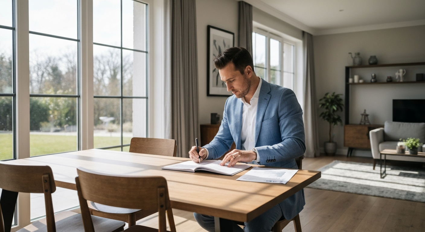Homeowner reviewing selling options and financial outcomes at a dining room table