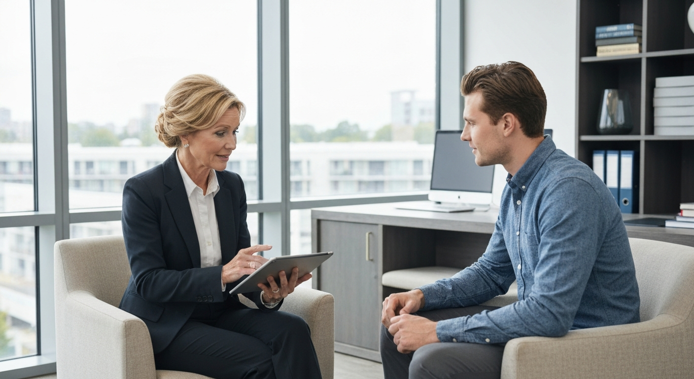 Professional real estate strategist and homeowner discussing strategy in a modern office