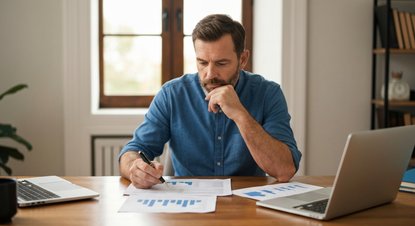 Homeowner thoughtfully reviewing pricing data and real estate documents