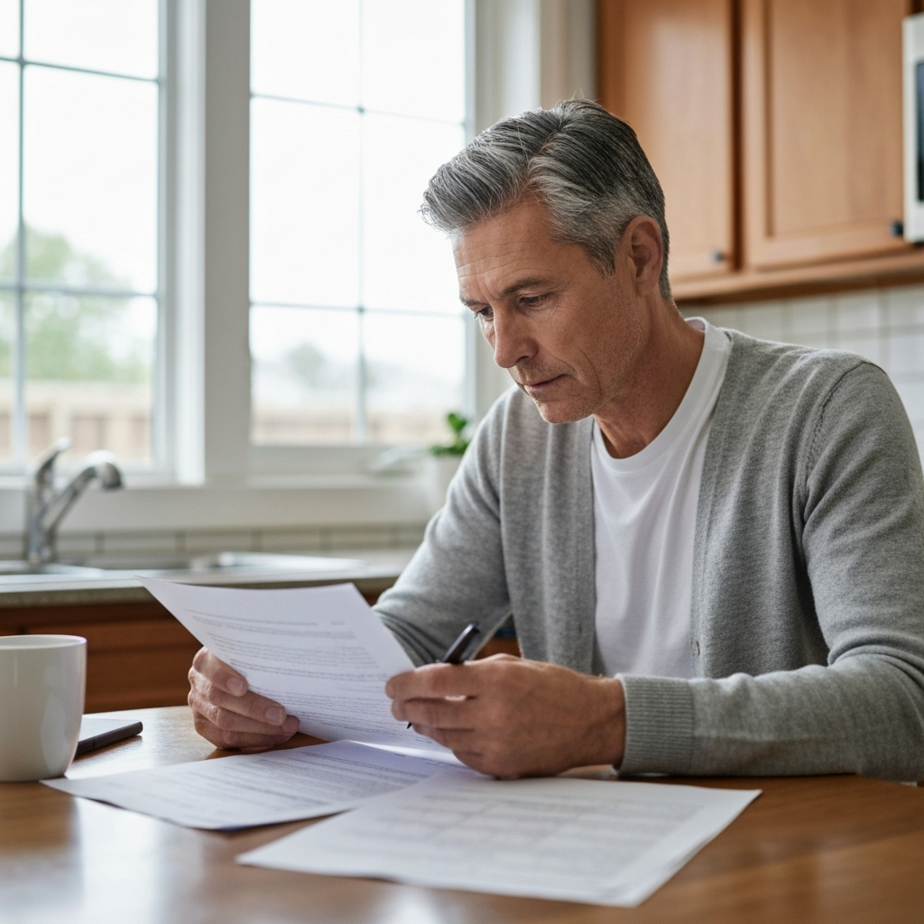 Homeowner reviewing listing paperwork at a kitchen table with a thoughtful expression
