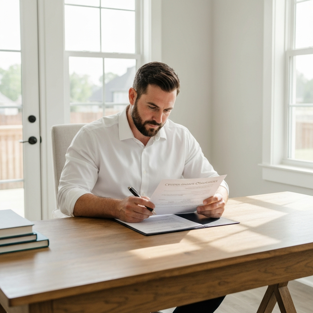 Homeowner reviewing compliance checklists and secure showing protocols in suburban home