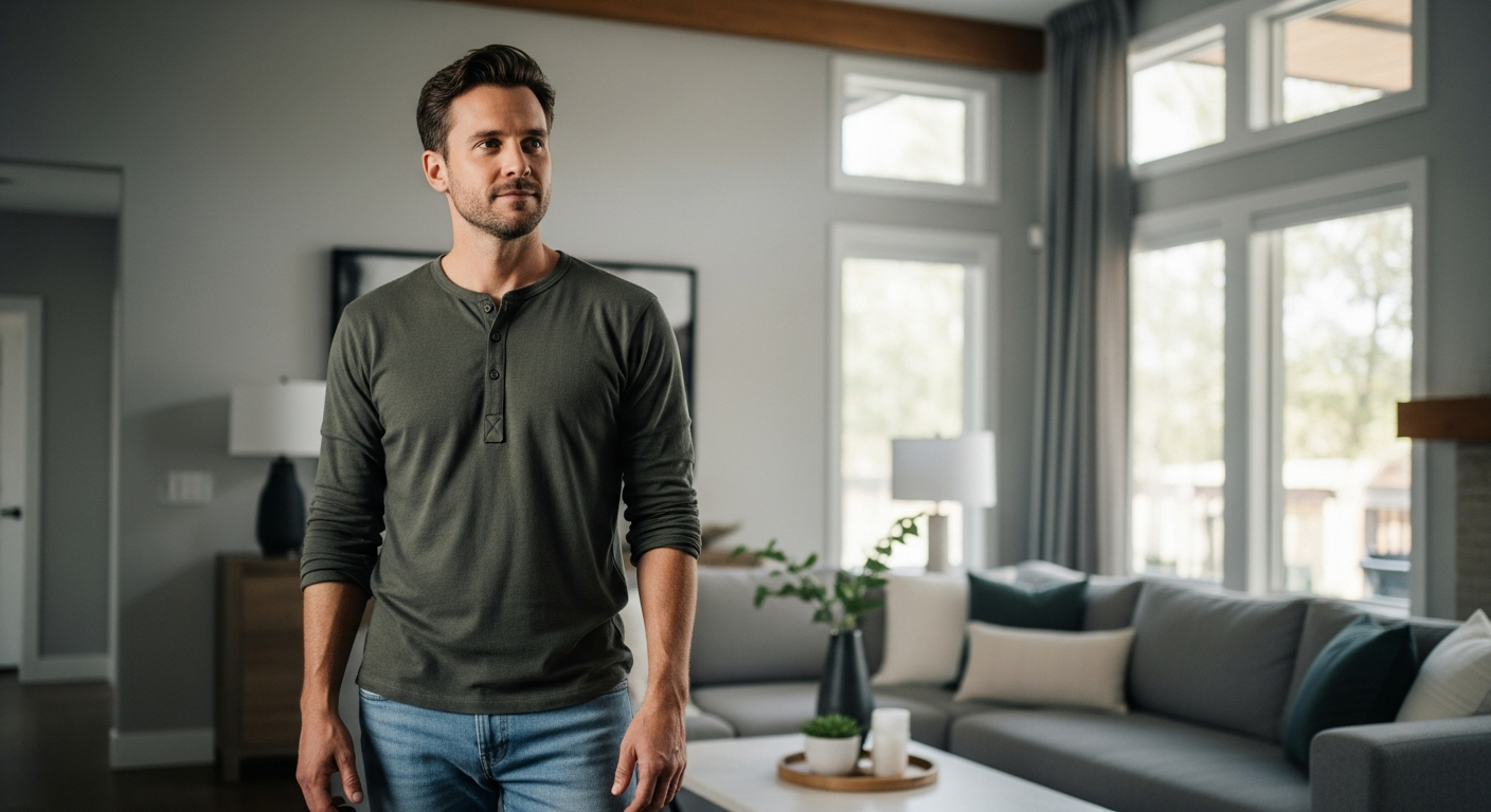 Homeowner looking at their property with thoughtful confidence