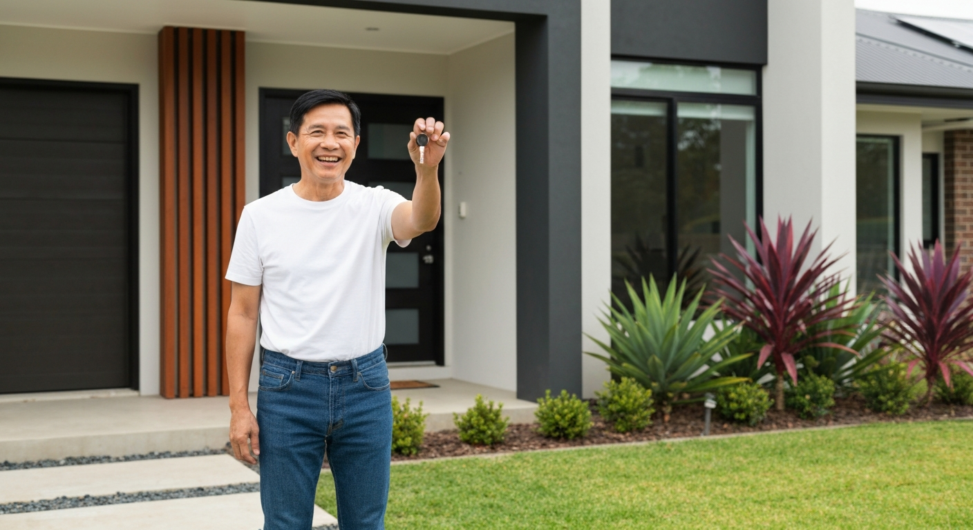 Happy homeowner standing in front of their modern house