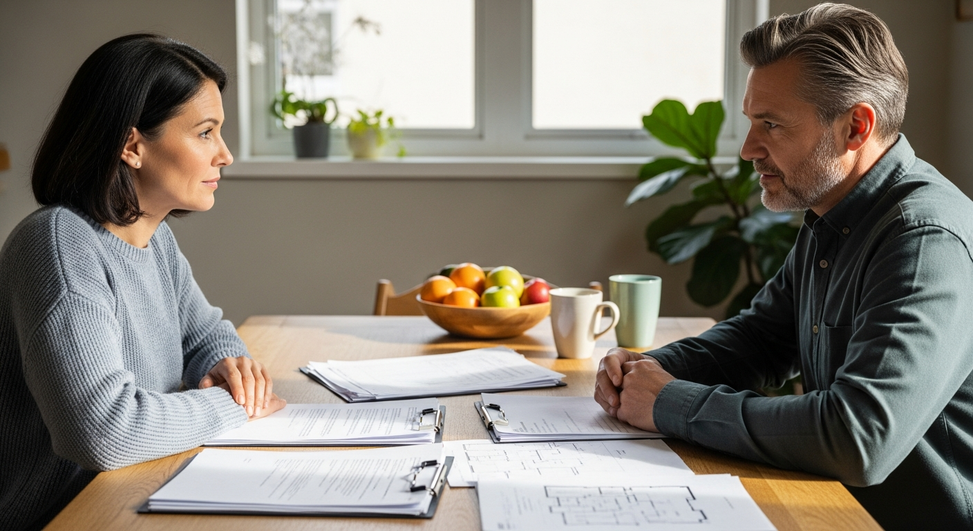 Two separated homeowners calmly reviewing property documents at a kitchen or dining table